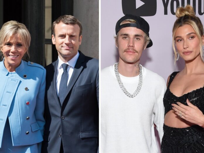 Das französische Präsidentenpaar Emmanuel und Brigitte Macron (l.) hat sich mit Musiker Justin Bieber und Ehefrau Hailey getroffen.