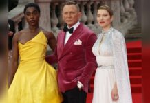 Daniel Craig (M.) auf dem roten Teppich neben seinen Co-Stars Lashana Lynch (l.) und Léa Seydoux.