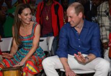 Herzogin Kate und Prinz William beim Trommeln in einem Kulturzentrum in Jamaika.