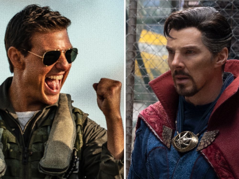 Maverick versus Marvel: Tom Cruise (li.) als Pete Mitchell in "Top Gun: Maverick" und Benedict Cumberbatch als Doctor Strange im gleichnamigen Comic-Blockbuster.