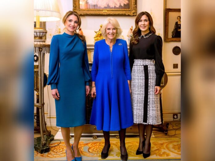 Königsgemahlin Camilla mit Königin Rania von Jordanien (l.) und Kronprinzessin Mary von Dänemark.
