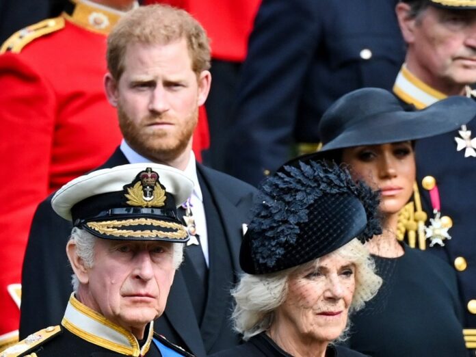 Prinz Harry (h.l.) und Königsgemahlin Camilla (v.r.) bei einer gemeinsamen Veranstaltung.