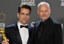 "The Banshees of Inisherin": Hauptdarsteller Colin Farrell (l.) und Regisseur Martin McDonagh bei den Golden Globe Awards.
