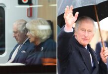 König Charles und Camilla haben es sich im ICE gemütlich gemacht. Bei der Ankunft in Hamburg war dann der Regenschirm gefragt.