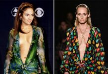 Jennifer Lopez (l.) im Versace-Kleid bei den Grammys 2000 und Amber Valletta (r.) in einer Variation des Versace-Kleides bei einer Fashionshow im Jahr 2019.
