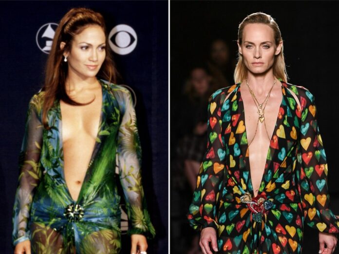 Jennifer Lopez (l.) im Versace-Kleid bei den Grammys 2000 und Amber Valletta (r.) in einer Variation des Versace-Kleides bei einer Fashionshow im Jahr 2019.