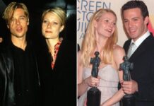 Schauspielerin Gwyneth Paltrow mit ihren Ex-Liebhabern Brad Pitt (l.) und Ben Affleck.