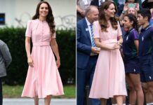 Prinzessin Kate setzte zweimal auf ihr rosafarbenes Kleid von Beulah London: bei einem Termin in London (li.) und bei einem Auftritt in Wimbledon 2021 (re.).