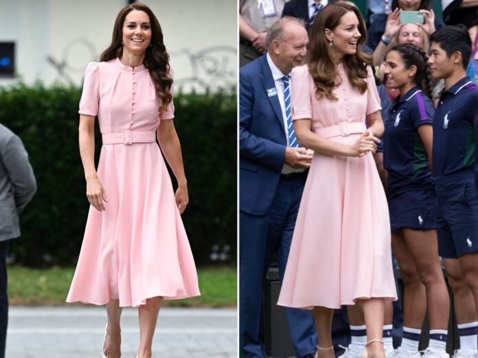 Prinzessin Kate setzte zweimal auf ihr rosafarbenes Kleid von Beulah London: bei einem Termin in London (li.) und bei einem Auftritt in Wimbledon 2021 (re.).
