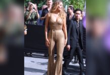 Vierfach-Mama Blake Lively im goldenen Jumpsuit bei der New York Fashion Week.