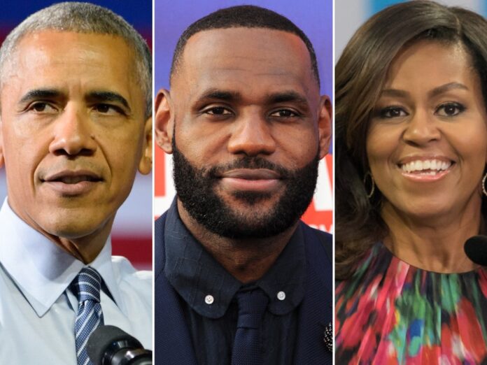 Barack und Michelle Obama sollen gemeinsam mit NBA-Star LeBron James (mi.) ein Serienprojekt planen.
