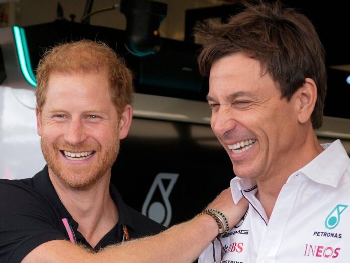 Strahlende Gesichter: Prinz Harry unterhielt sich am Rande der Rennstrecke auch mit Mercedes-Motorsportchef Toto Wolff.
